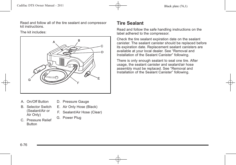 Tire sealant | Cadillac 2011 DTS User Manual | Page 386 / 470