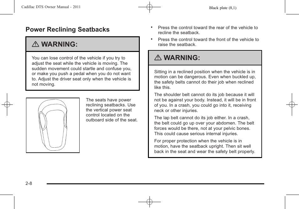 Power reclining seatbacks, Power reclining seatbacks -8, Warning | Cadillac 2011 DTS User Manual | Page 40 / 470