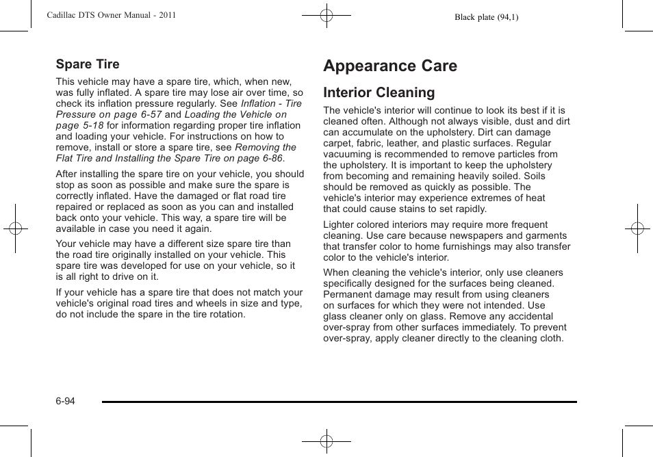 Appearance care, Interior cleaning, Appearance care -94 | Interior cleaning -94, Spare tire | Cadillac 2011 DTS User Manual | Page 404 / 470