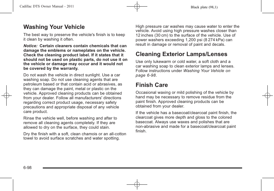 Washing your vehicle, Cleaning exterior lamps/lenses, Finish care | Finish care -98 | Cadillac 2011 DTS User Manual | Page 408 / 470