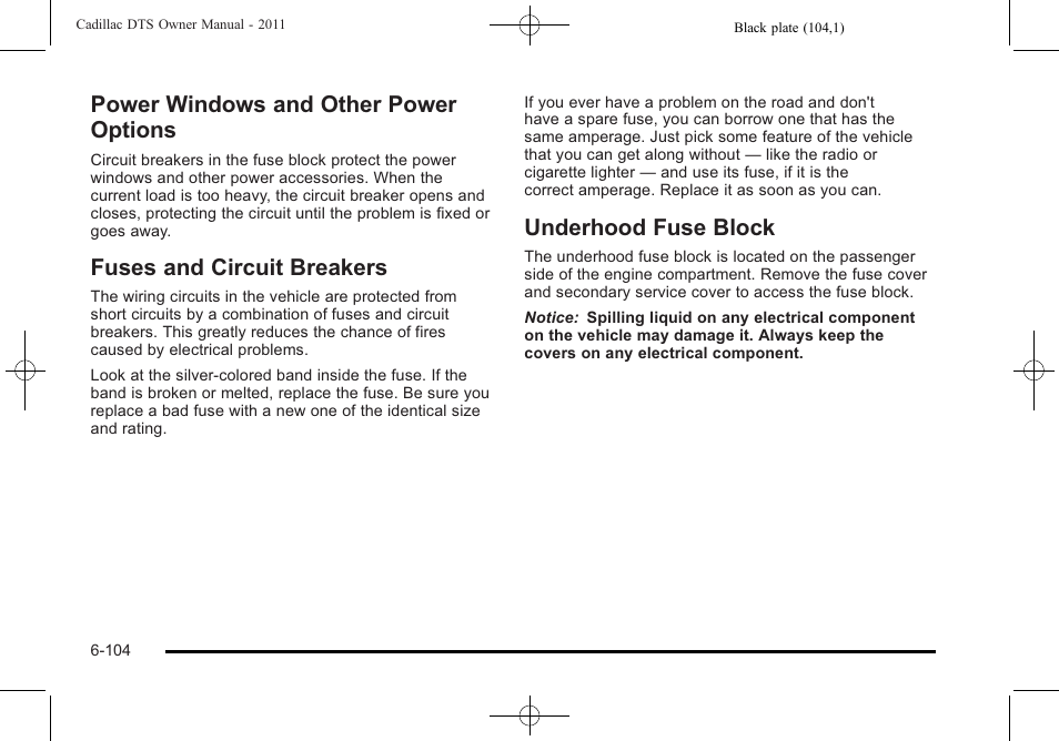 Power windows and other power options, Fuses and circuit breakers, Underhood fuse block | Cadillac 2011 DTS User Manual | Page 414 / 470