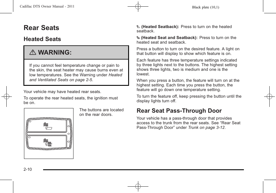 Rear seats, Heated seats, Rear seat pass-through door | Rear seats -10, Instrument, Heated seats -10 rear seat pass-through door -10, Warning | Cadillac 2011 DTS User Manual | Page 42 / 470