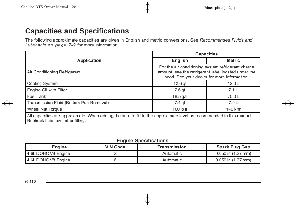 Capacities and specifications, Capacities and specifications -112 | Cadillac 2011 DTS User Manual | Page 422 / 470