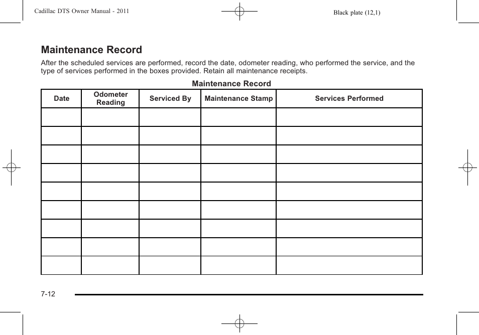 Maintenance record, Record -12 | Cadillac 2011 DTS User Manual | Page 434 / 470