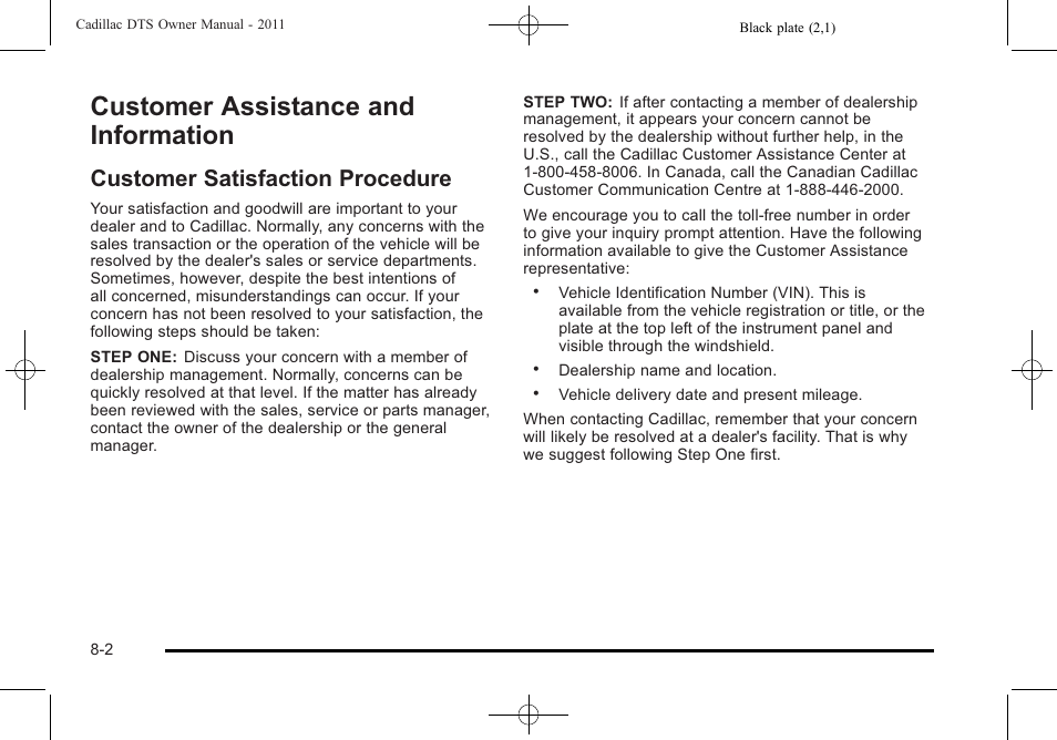 Customer assistance and information, Customer satisfaction procedure, Customer assistance and information -2 | Customer satisfaction procedure -2 | Cadillac 2011 DTS User Manual | Page 438 / 470