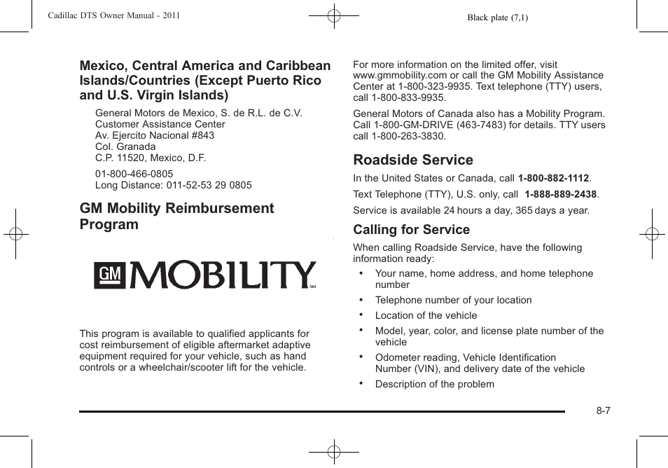 Gm mobility reimbursement program, Roadside service, Service | Calling for service | Cadillac 2011 DTS User Manual | Page 443 / 470