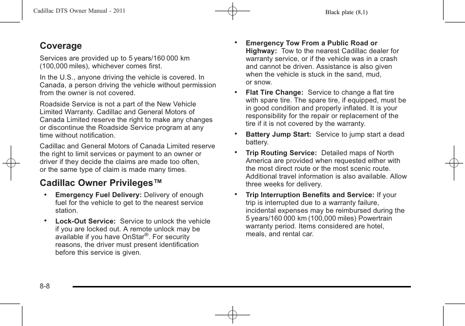 Coverage, Cadillac owner privileges | Cadillac 2011 DTS User Manual | Page 444 / 470