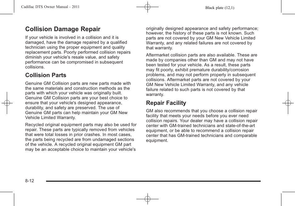 Collision damage repair, Collision damage repair -12, Onstar | Collision parts, Repair facility | Cadillac 2011 DTS User Manual | Page 448 / 470