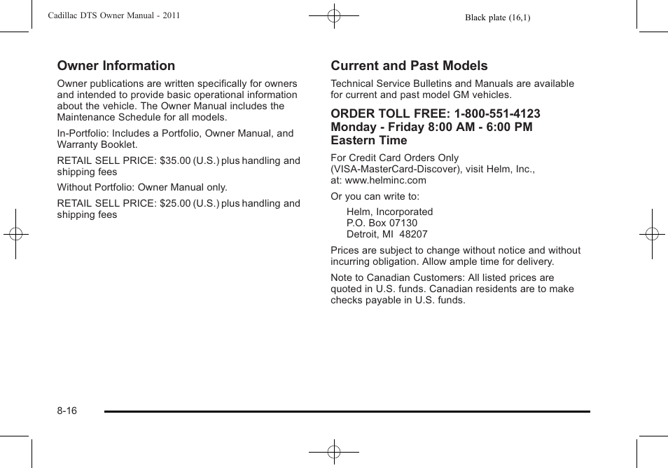 Owner information, Current and past models | Cadillac 2011 DTS User Manual | Page 452 / 470