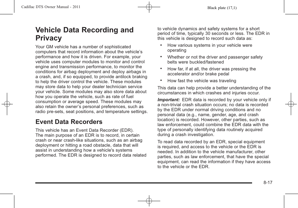 Vehicle data recording and privacy, Event data recorders, Vehicle data recording and privacy -17 | Event data recorders -17 | Cadillac 2011 DTS User Manual | Page 453 / 470
