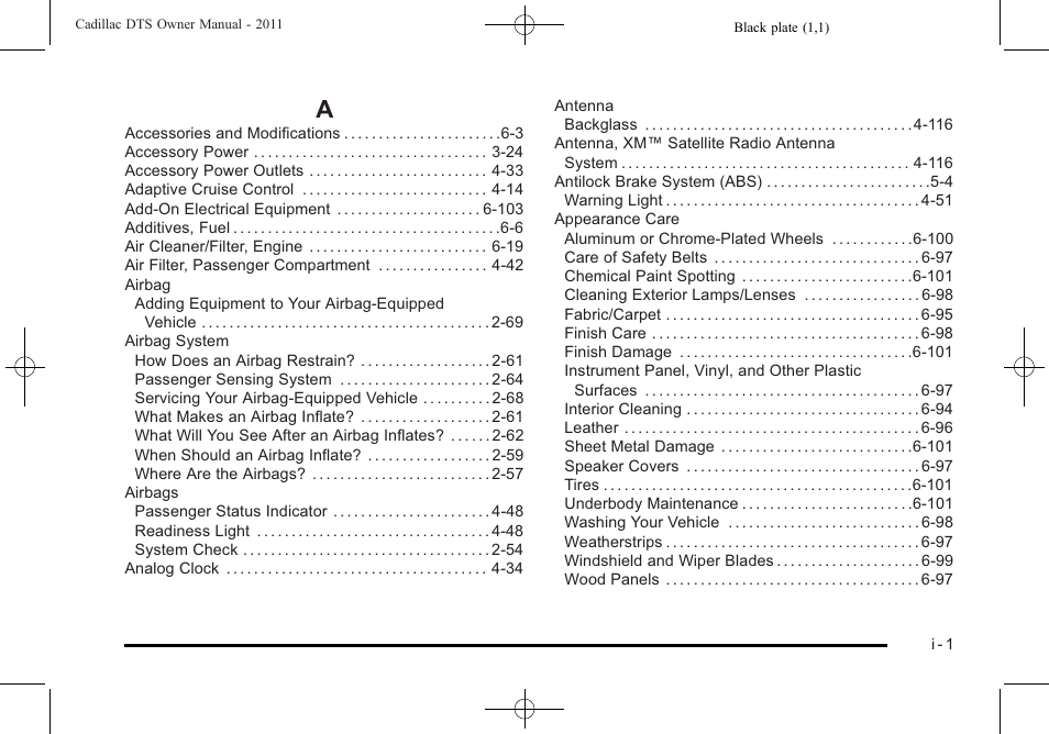 Index, Index_a | Cadillac 2011 DTS User Manual | Page 455 / 470