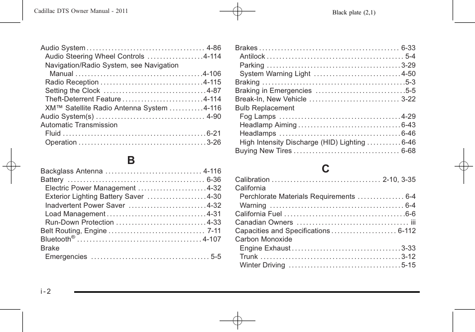 Index_b, Index_c | Cadillac 2011 DTS User Manual | Page 456 / 470