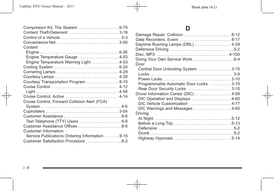 Index_d | Cadillac 2011 DTS User Manual | Page 458 / 470