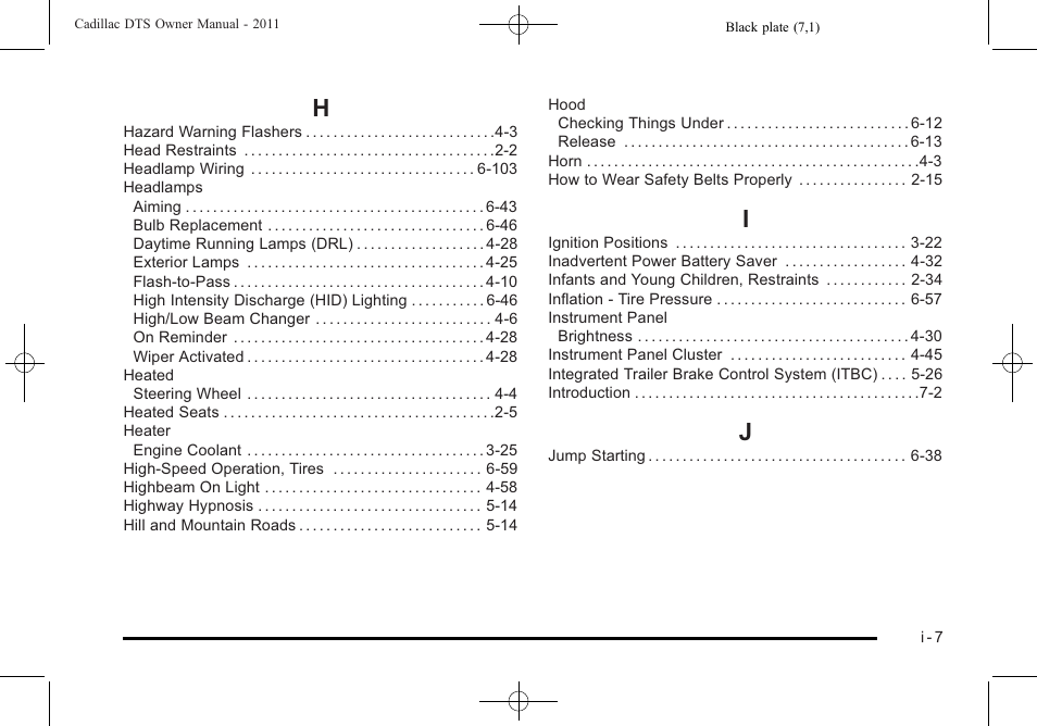 Index_h, Index_i, Index_j | Cadillac 2011 DTS User Manual | Page 461 / 470