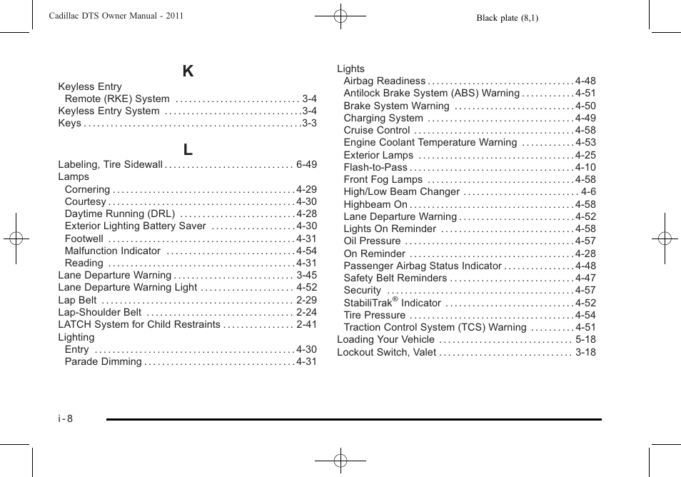 Index_k, Index_l | Cadillac 2011 DTS User Manual | Page 462 / 470