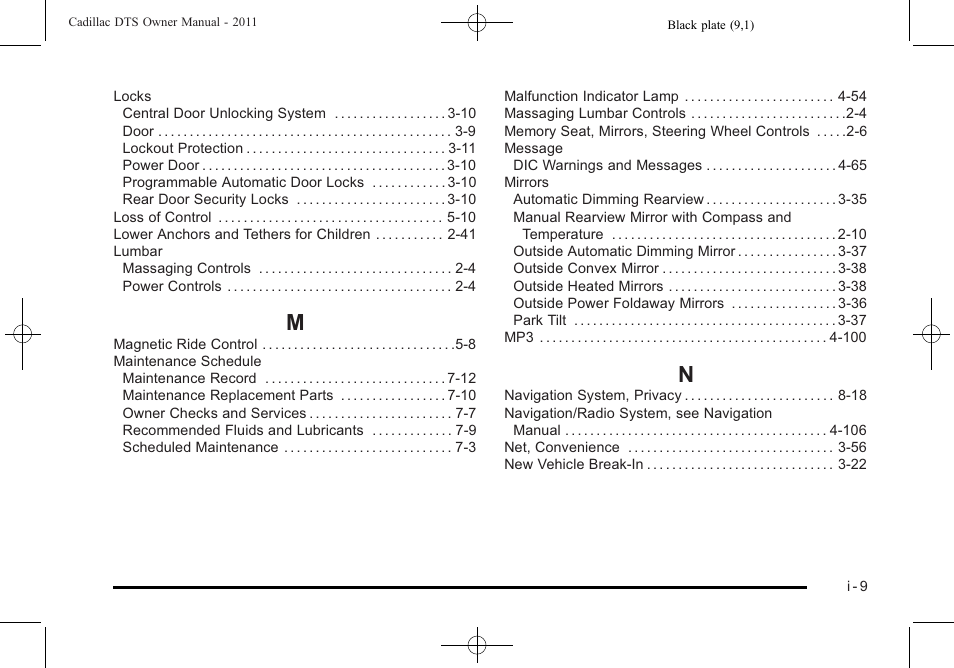 Index_m, Index_n | Cadillac 2011 DTS User Manual | Page 463 / 470