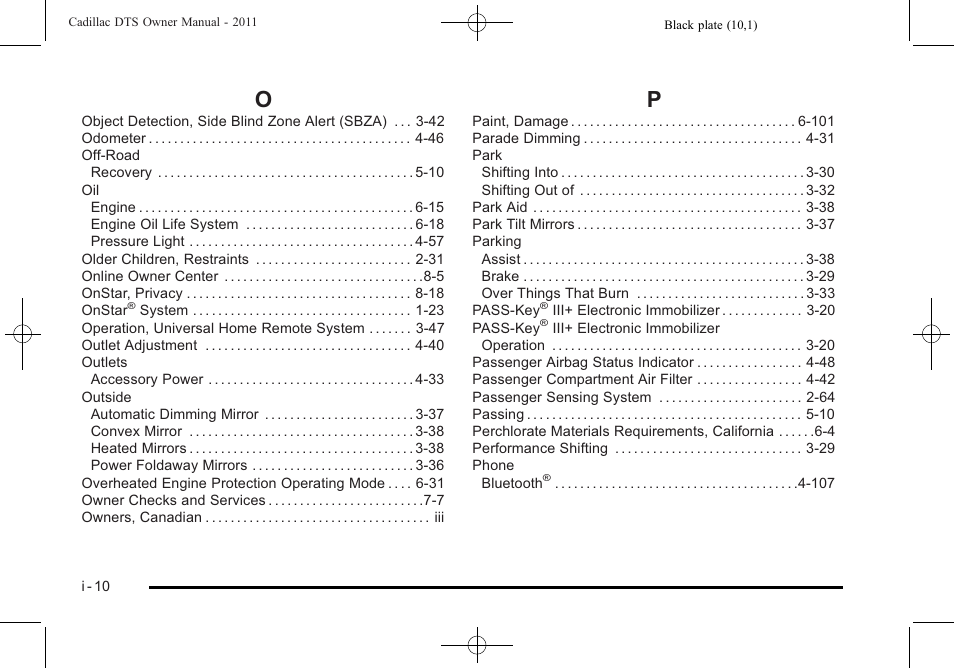Index_o, Index_p | Cadillac 2011 DTS User Manual | Page 464 / 470