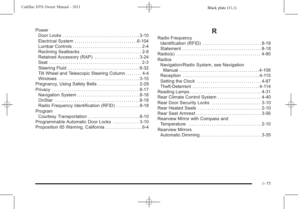 Index_r | Cadillac 2011 DTS User Manual | Page 465 / 470