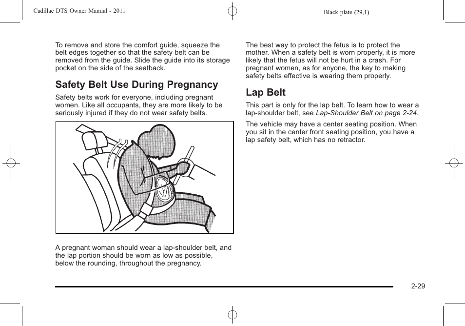 Safety belt use during pregnancy, Lap belt, Safety belt use during pregnancy -29 lap belt -29 | Cadillac 2011 DTS User Manual | Page 61 / 470