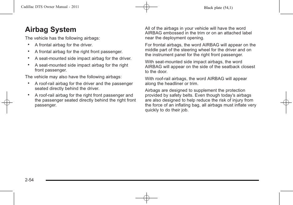 Airbag system, Airbag system -54, Driver information center | Cadillac 2011 DTS User Manual | Page 86 / 470