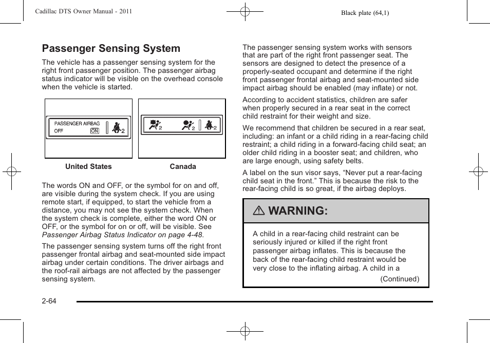 Passenger sensing system, Passenger sensing system -64, Warning | Cadillac 2011 DTS User Manual | Page 96 / 470