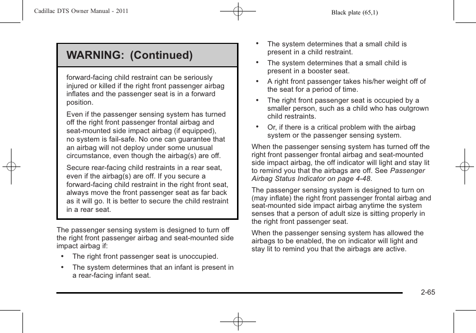 Warning: (continued) | Cadillac 2011 DTS User Manual | Page 97 / 470