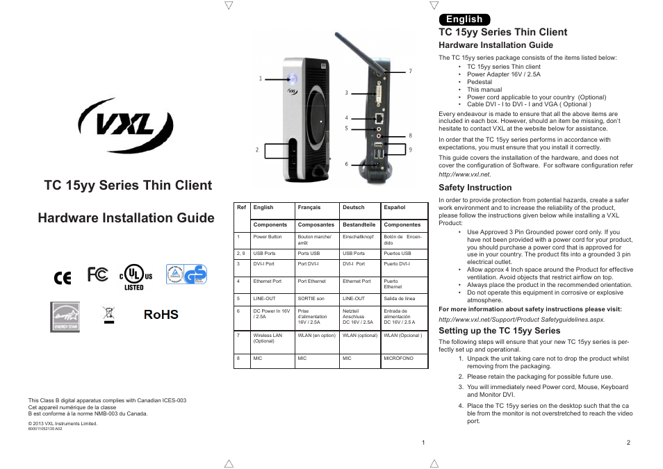 VXL Instruments TC15yy 15 Series Thin client - Installation Guide User Manual | 4 pages