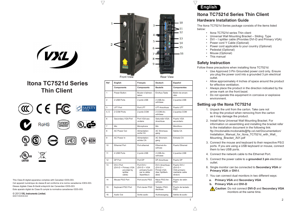 VXL Instruments Itona TC7521d Series Thin Client User Manual | 4 pages