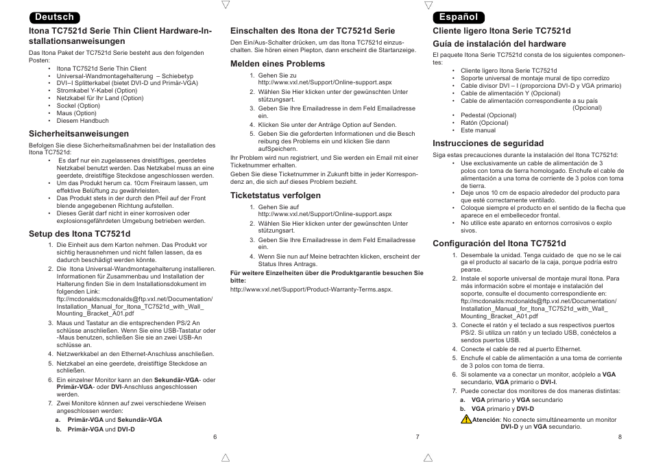 Deutsch, Español | VXL Instruments Itona TC7521d Series Thin Client User Manual | Page 3 / 4