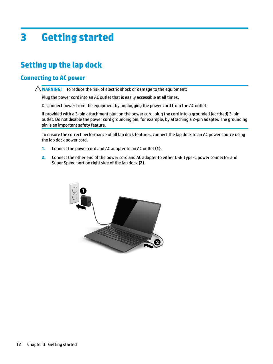 Getting started, Setting up the lap dock, Connecting to ac power | 3 getting started, 3getting started | HP Elite X3 User Manual | Page 18 / 36