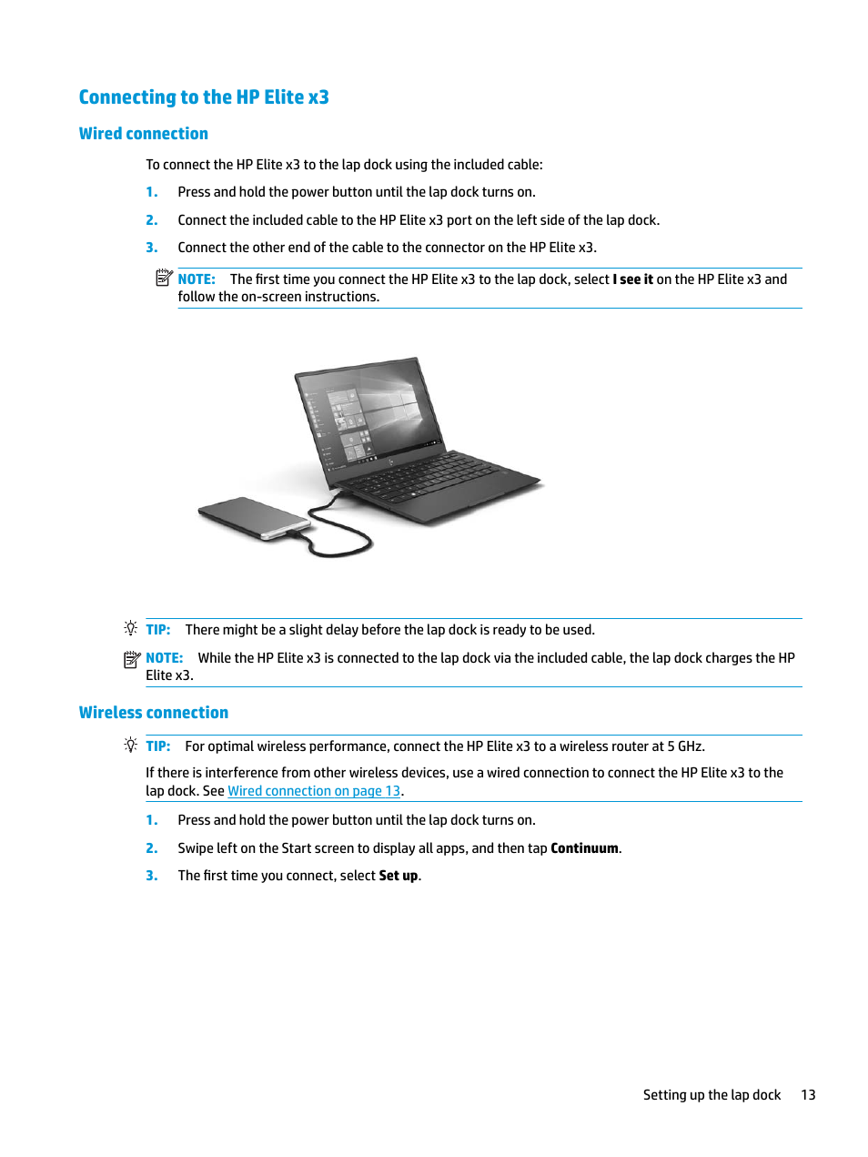 Connecting to the hp elite x3, Wired connection, Wireless connection | Wired connection wireless connection | HP Elite X3 User Manual | Page 19 / 36