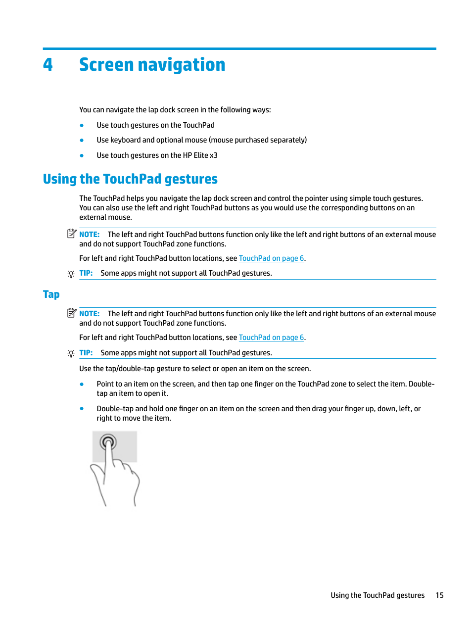 Screen navigation, Using the touchpad gestures, 4 screen navigation | 4screen navigation | HP Elite X3 User Manual | Page 21 / 36