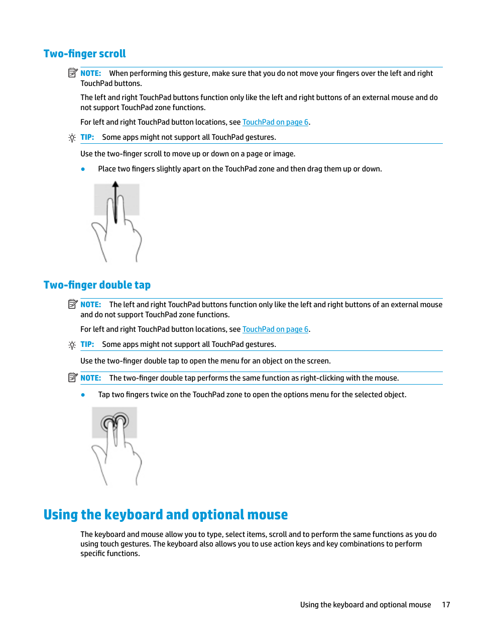 Two-finger scroll, Two-finger double tap, Using the keyboard and optional mouse | Two-finger scroll two-finger double tap | HP Elite X3 User Manual | Page 23 / 36