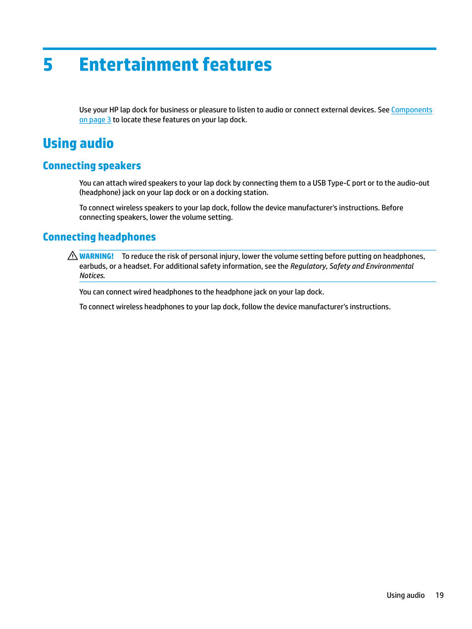 Entertainment features, Using audio, Connecting speakers | Connecting headphones, 5 entertainment features, Connecting speakers connecting headphones, 5entertainment features | HP Elite X3 User Manual | Page 25 / 36