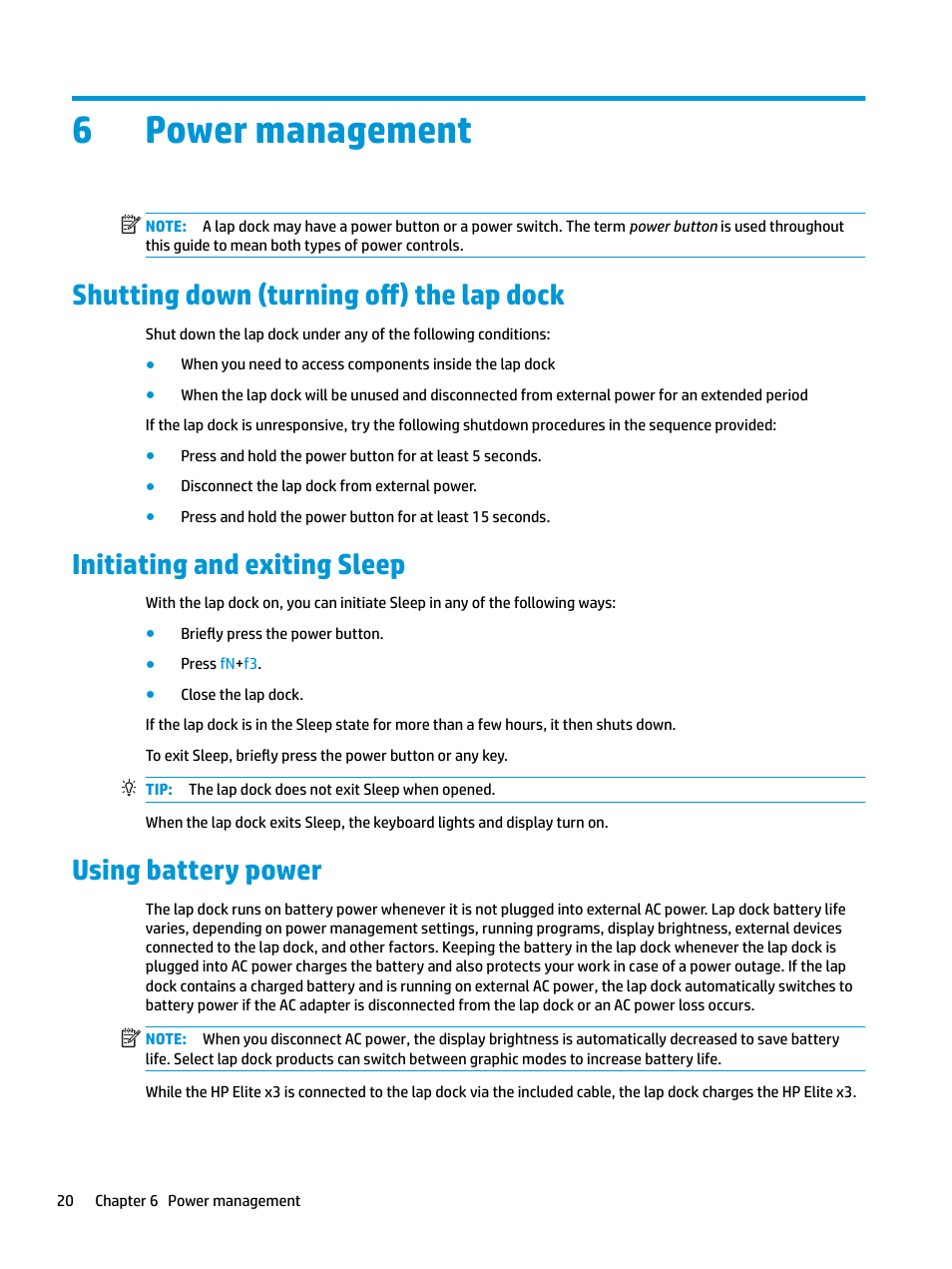 Power management, Shutting down (turning off) the lap dock, Initiating and exiting sleep | Using battery power, 6 power management, 6power management | HP Elite X3 User Manual | Page 26 / 36