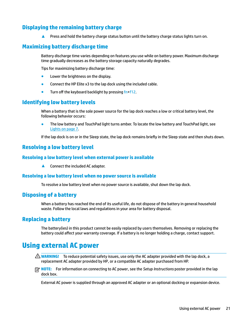 Displaying the remaining battery charge, Maximizing battery discharge time, Identifying low battery levels | Resolving a low battery level, Disposing of a battery, Replacing a battery, Using external ac power, Disposing of a battery replacing a battery | HP Elite X3 User Manual | Page 27 / 36