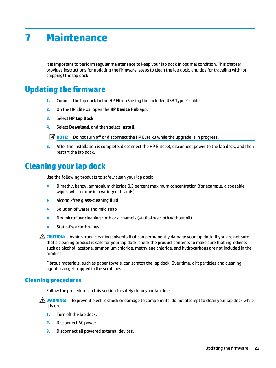 Maintenance, Updating the firmware, Cleaning your lap dock | Cleaning procedures, 7 maintenance, Updating the firmware cleaning your lap dock, 7maintenance | HP Elite X3 User Manual | Page 29 / 36