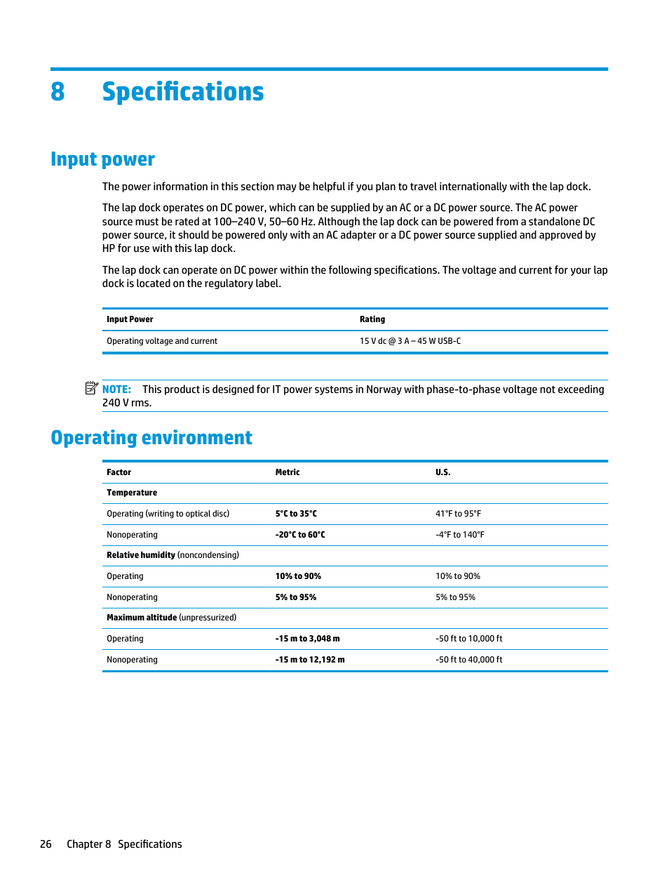 Specifications, Input power, Operating environment | 8 specifications, Input power operating environment, 8specifications | HP Elite X3 User Manual | Page 32 / 36