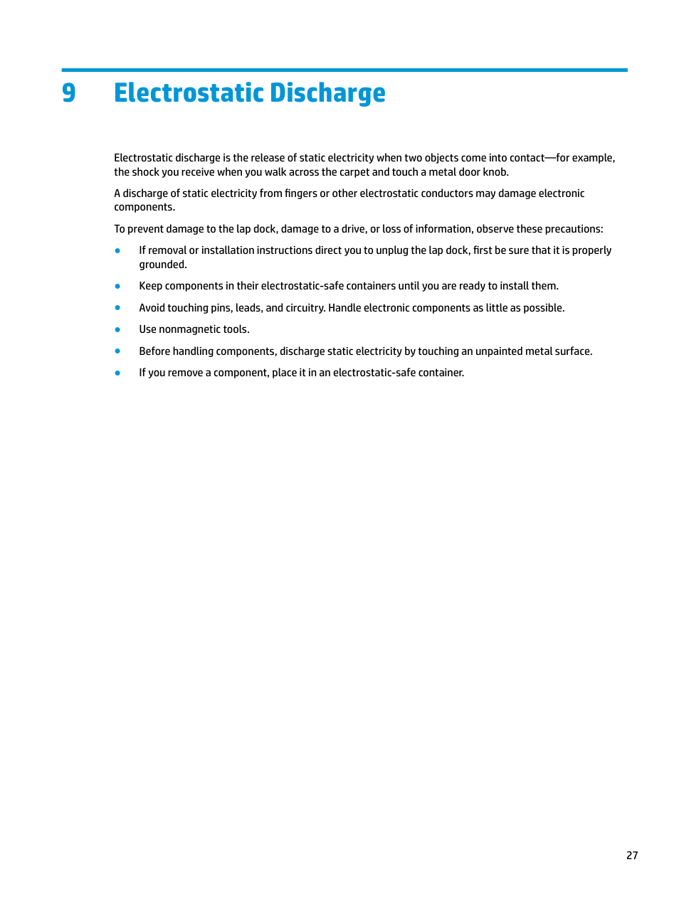 Electrostatic discharge, 9 electrostatic discharge, 9electrostatic discharge | HP Elite X3 User Manual | Page 33 / 36