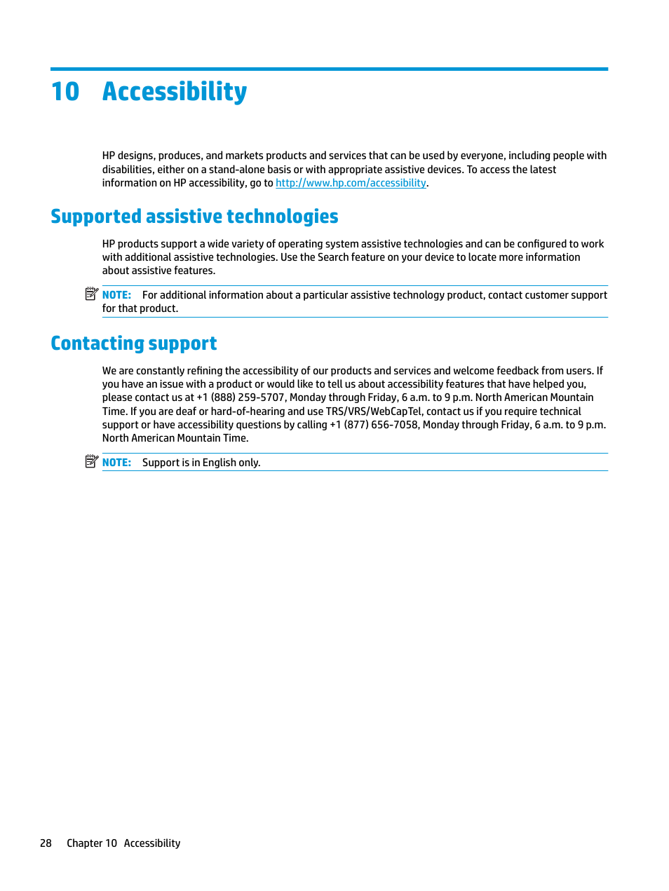 Accessibility, Supported assistive technologies, Contacting support | 10 accessibility | HP Elite X3 User Manual | Page 34 / 36