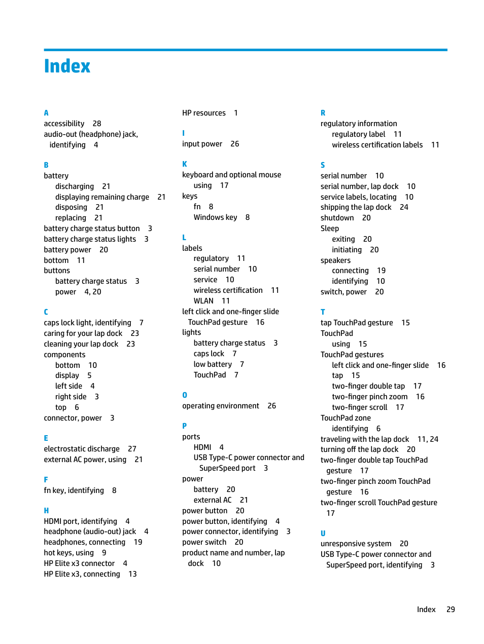 Index | HP Elite X3 User Manual | Page 35 / 36