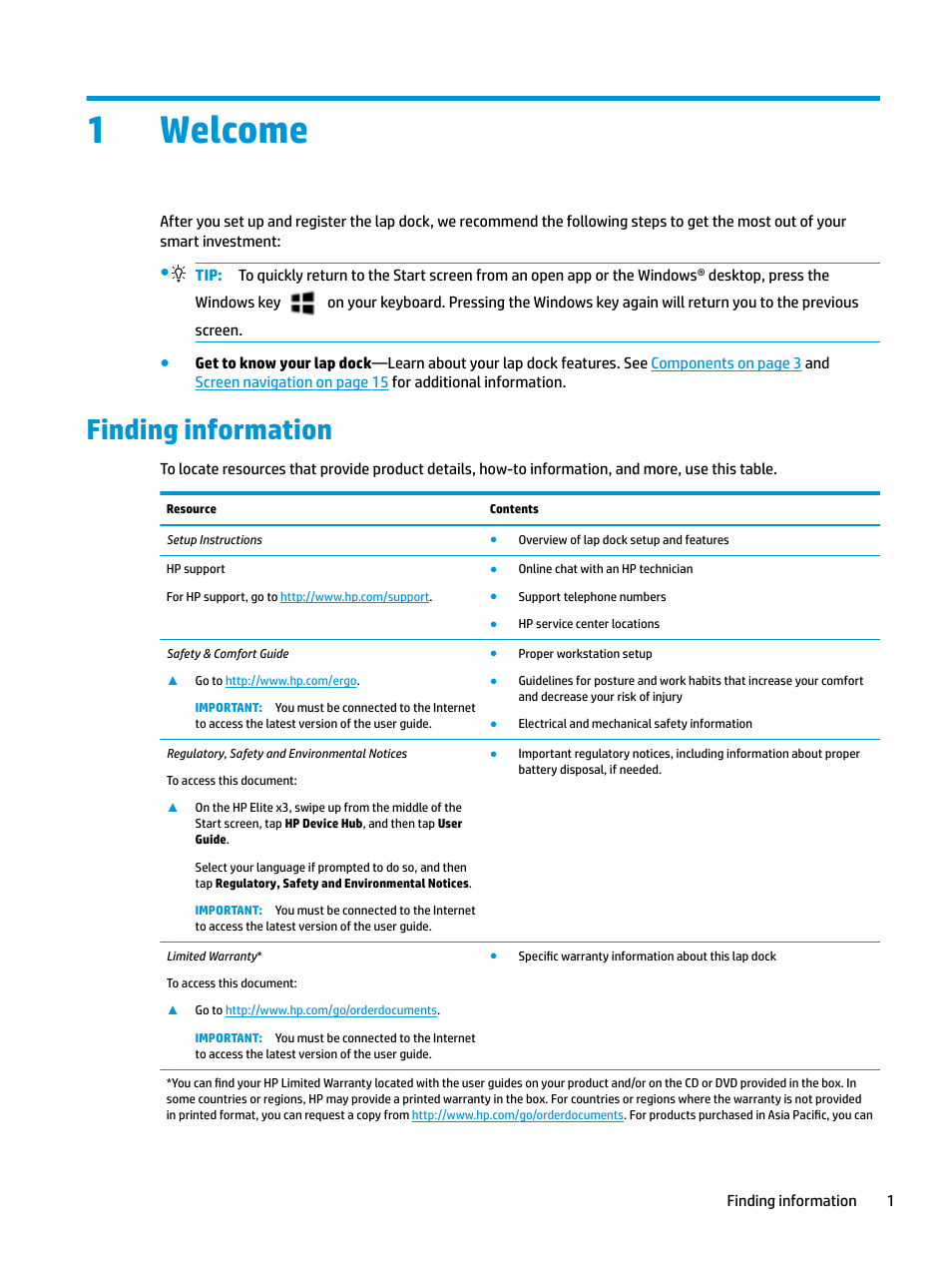 Welcome, Finding information, 1 welcome | 1welcome | HP Elite X3 User Manual | Page 7 / 36