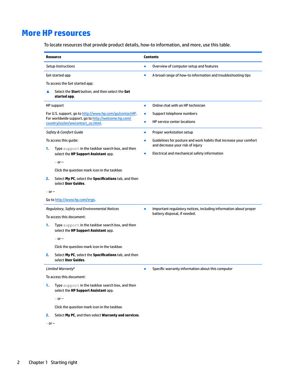 More hp resources, 2chapter 1 starting right | HP Spectre x2 User Manual | Page 10 / 71