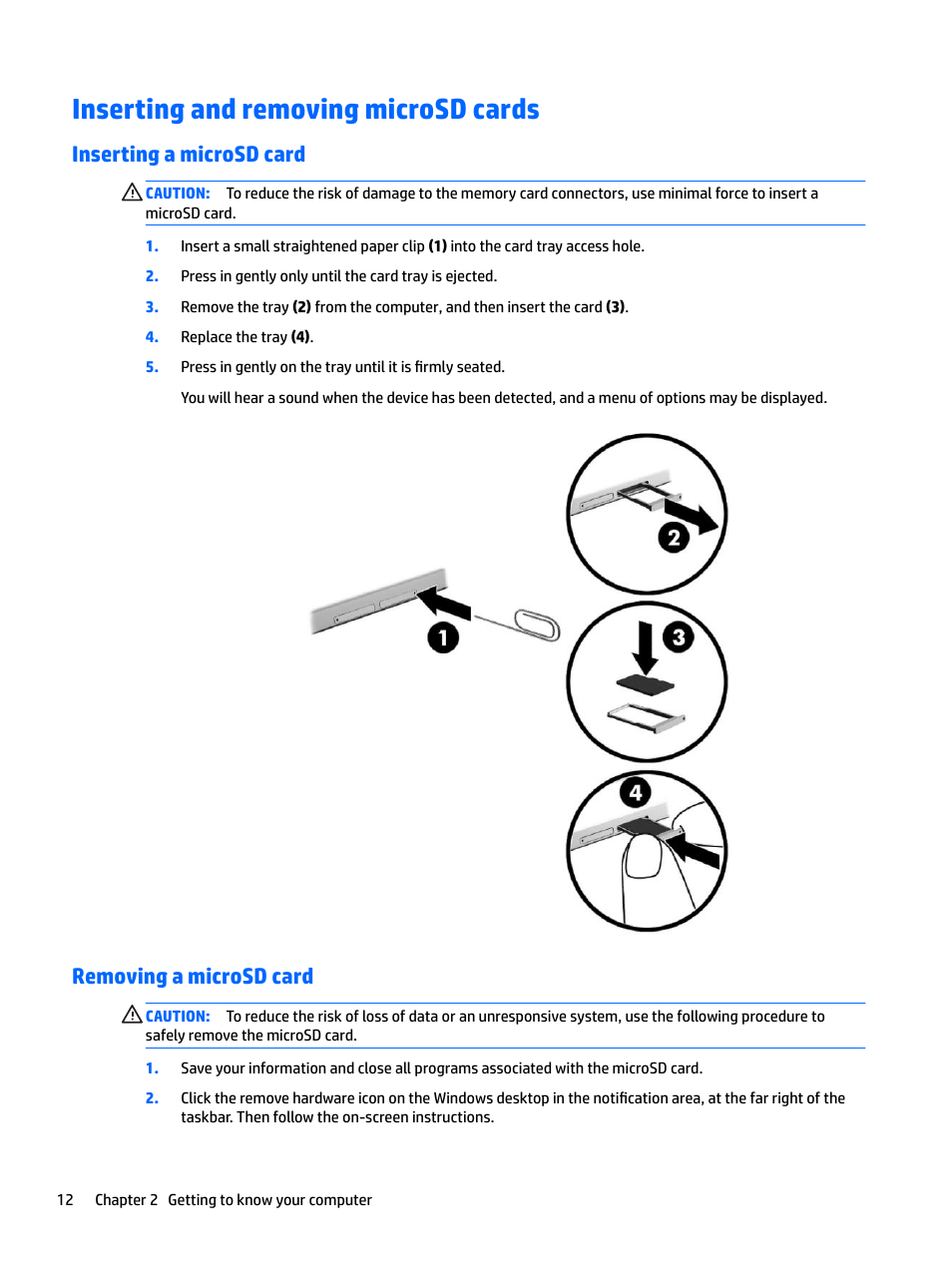 Inserting and removing microsd cards, Inserting a microsd card, Removing a microsd card | Inserting a microsd card removing a microsd card | HP Spectre x2 User Manual | Page 20 / 71