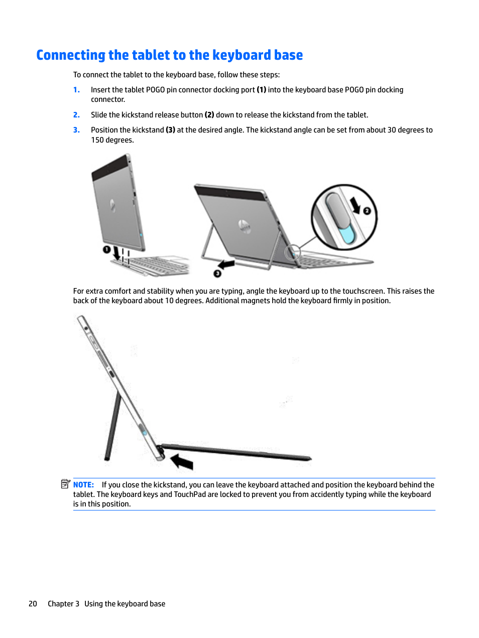 Connecting the tablet to the keyboard base | HP Spectre x2 User Manual | Page 28 / 71