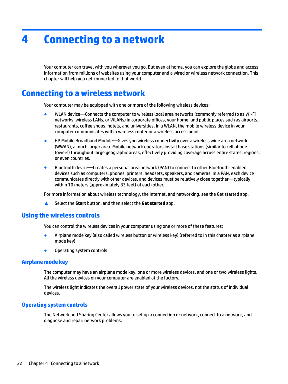 Connecting to a network, Connecting to a wireless network, Using the wireless controls | Airplane mode key, Operating system controls, 4 connecting to a network, Airplane mode key operating system controls, Connecting to a, 4connecting to a network | HP Spectre x2 User Manual | Page 30 / 71