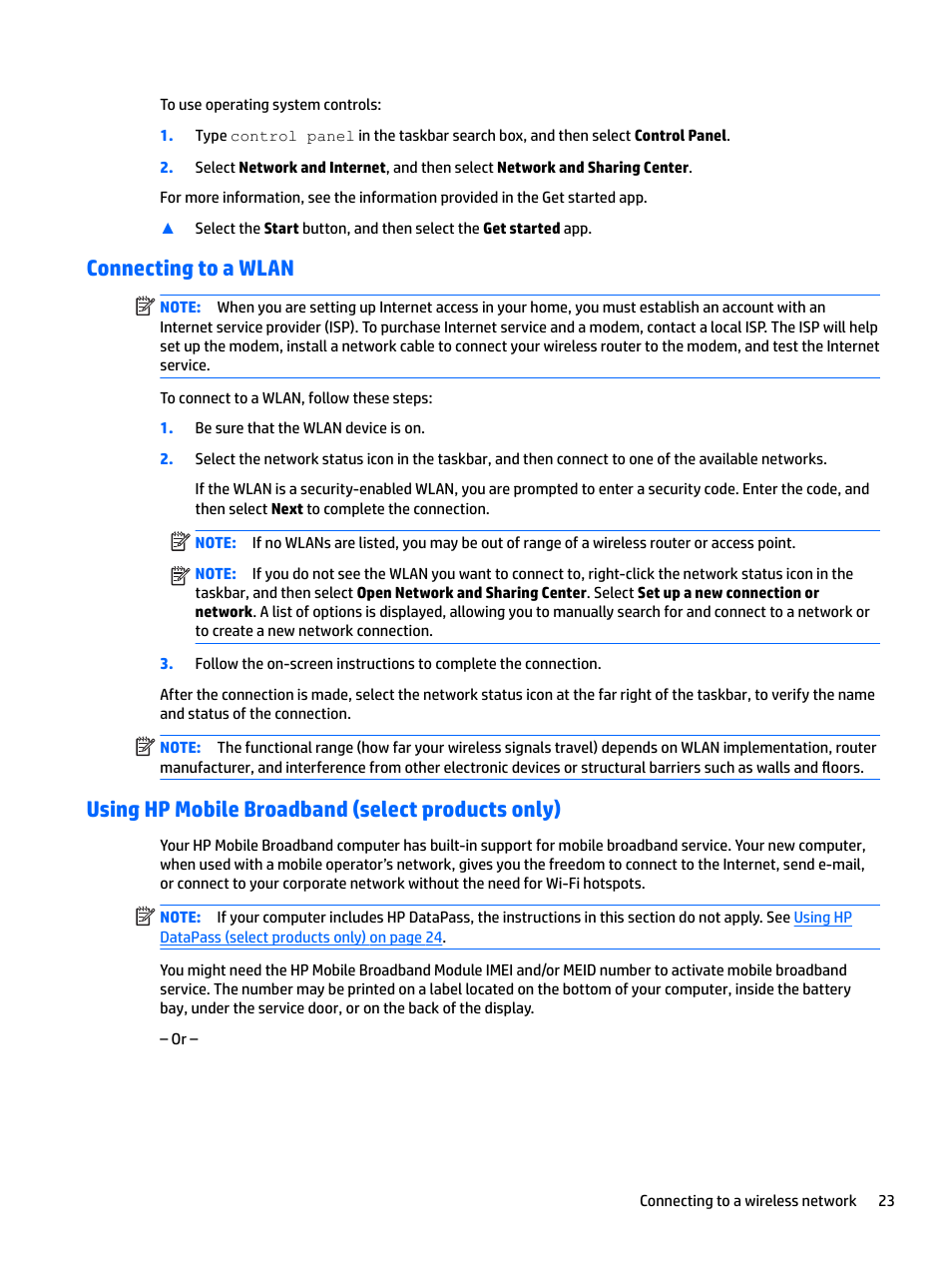 Connecting to a wlan, Using hp mobile broadband (select products only) | HP Spectre x2 User Manual | Page 31 / 71