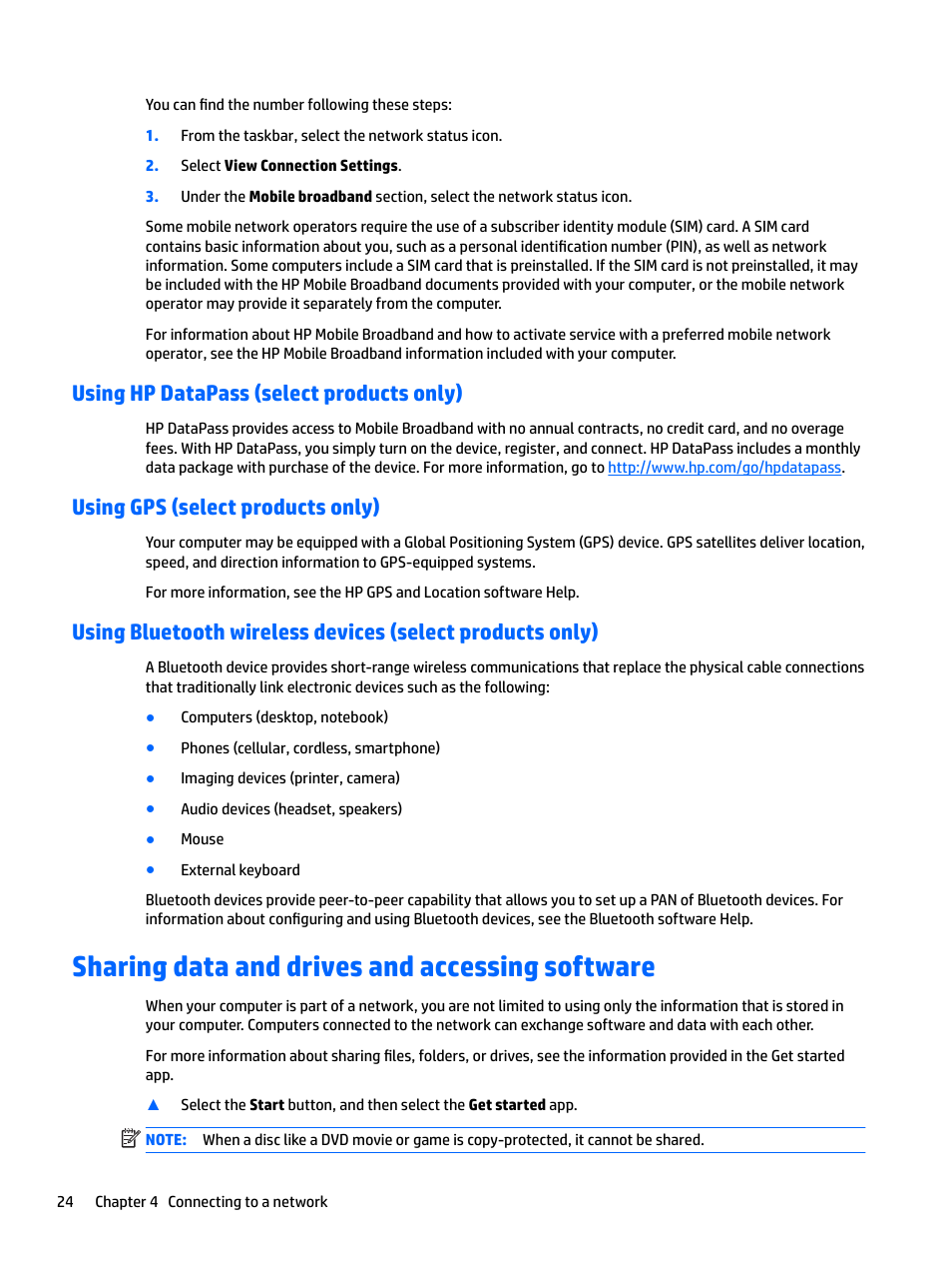 Using hp datapass (select products only), Using gps (select products only), Sharing data and drives and accessing software | HP Spectre x2 User Manual | Page 32 / 71