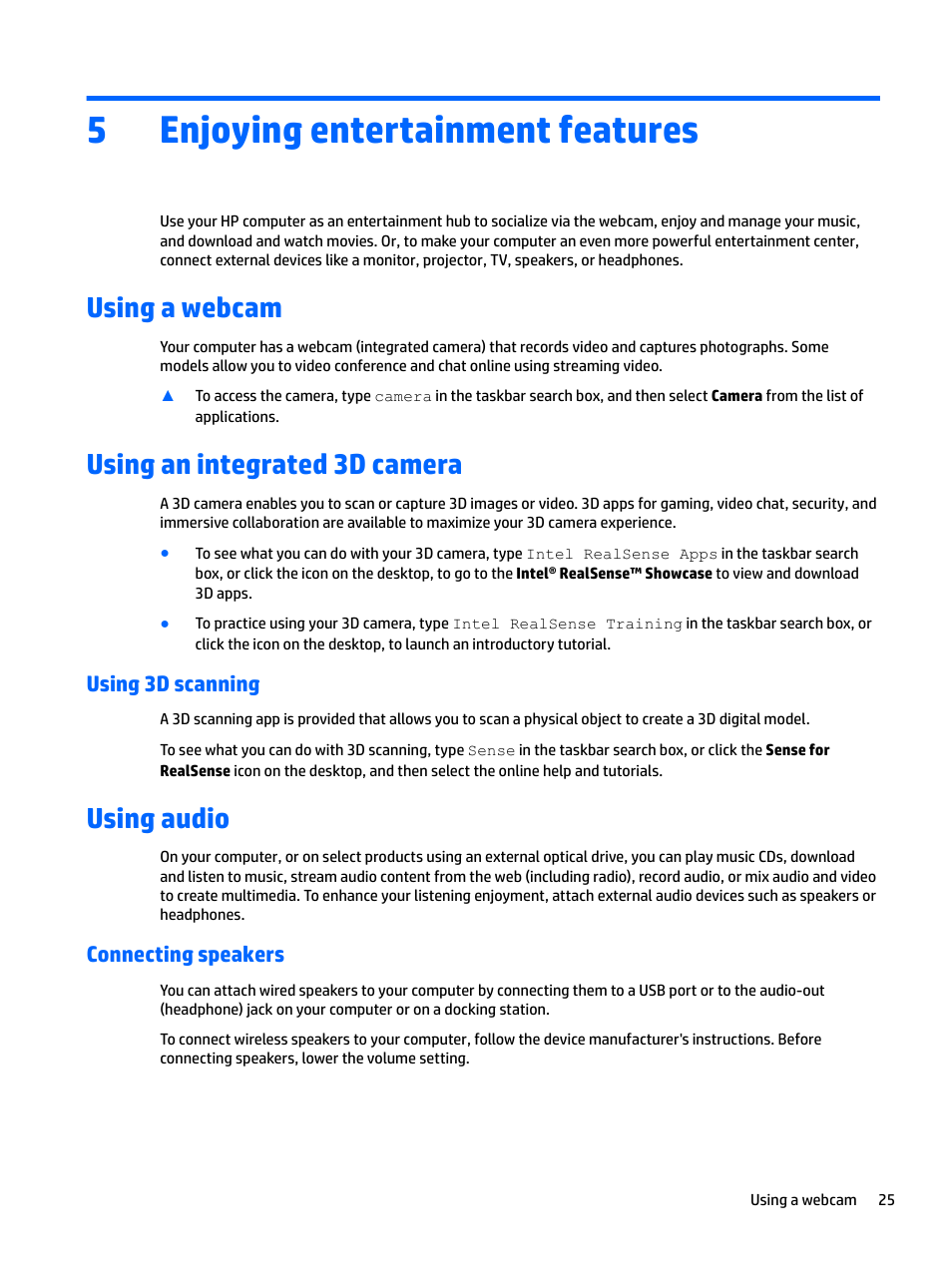 Enjoying entertainment features, Using a webcam, Using an integrated 3d camera | Using 3d scanning, Using audio, Connecting speakers, 5 enjoying entertainment features, Using a webcam using an integrated 3d camera, 5enjoying entertainment features | HP Spectre x2 User Manual | Page 33 / 71