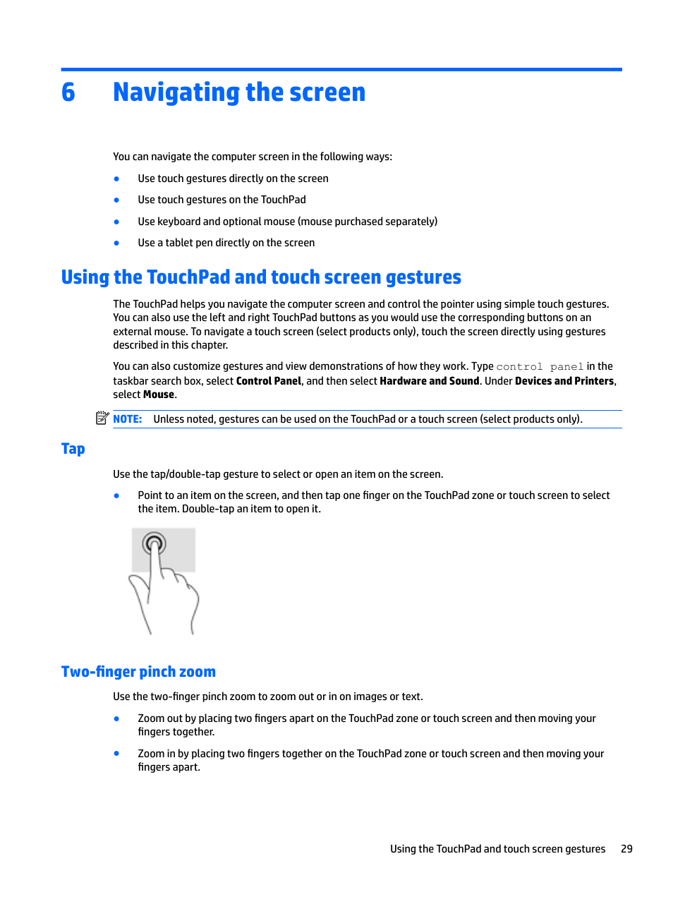 Navigating the screen, Using the touchpad and touch screen gestures, Two-finger pinch zoom | 6 navigating the screen, Tap two-finger pinch zoom, 6navigating the screen | HP Spectre x2 User Manual | Page 37 / 71